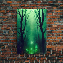 Load image into Gallery viewer, Emerald green city streets under a full moon, cool spooky art, framed canvas print