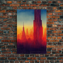 Cargar imagen en el visor de la galería, Chicago at sunset concept art, synthwave style, framed canvas print, ready to hang wall art with frame