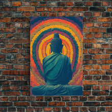 Cargar imagen en el visor de la galería, Colorful rainbow Buddha facing a ring of flowers, framed canvas print, yoga studio art