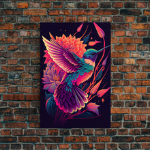 Load image into Gallery viewer, Beautiful Retro-Wave Humming Bird, framed canvas print, Colorful farmhouse wall art