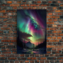 Carregar imagem no visualizador da galeria, Aurora Borealis, Northern Lights Art, framed canvas print, snow capped mountain landscape art