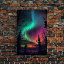Carregar imagem no visualizador da galeria, Aurora Borealis, Northern Lights Art, framed canvas print, snow capped mountain landscape art
