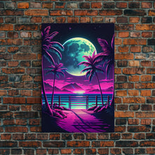 Carregar imagem no visualizador da galeria, Full Moon over a Florida Beach, Palm Trees, Outrun Style Beach Landscape art, framed canvas Print