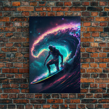 Load image into Gallery viewer, Astronaut surfing the stars, Cosmic Surfer, Galaxy Art, framed canvas print, unique colorful wall art