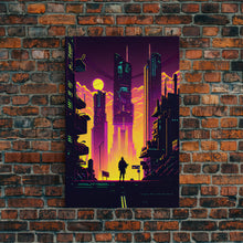 Load image into Gallery viewer, Cyberpunk art, Retrowave style dystopian cityscape art, game room art, framed canvas print, retro wave city skyline