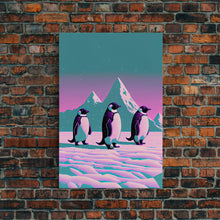 Load image into Gallery viewer, Retrowave Penguins in the Arctic, synthwave style wall art, Antarctica art, framed canvas print, cute animal prints