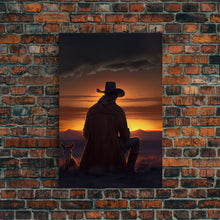 Carregar imagem no visualizador da galeria, A cowboy and his horse at sunset, framed canvas art, canvas print, western decor, farmhouse art