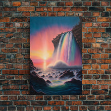 Carregar imagem no visualizador da galeria, A Mythical Waterfall and Rainbow pouring Into the ocean blue at sunset, framed canvas print