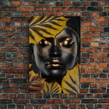 Load image into Gallery viewer, Beautiful Woman Art Framed Canvas Print Black Gold Woman Wall Art Lady Print, Gold Face Leaves Palm decor ready to hang Ethnic girl portrait