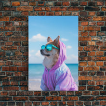 Cargar imagen en el visor de la galería, Corgi In Purple Hoodie Sunglasses Wall Print, Beach Art, Dog Print, Dog Portrait, Framed Wall Art, Framed Canvas, Wall Print, Wall Canvas