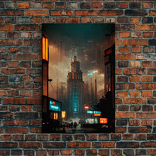 Load image into Gallery viewer, Art Deco Cyberpunk Cityscape Canvas Print, Scifi art, cool wall art for mancave, dystopian art, architecture