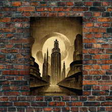 Load image into Gallery viewer, Dystopian Metropolis Art Deco Canvas Print, City Skyline, Fantasy Art, Art Deco Living Room Art, ready to hang wall art
