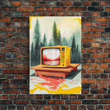 Carregar imagem no visualizador da galeria, Abstract Surreal Landscape Art, Framed Canvas Print, Retro TV in a Forest, Weird / Strange Home Decor