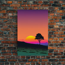 Carregar imagem no visualizador da galeria, A Lone Tree in a Texas Field At Sunset, Retro Style MCM Art, Framed Canvas Print, Trendy Wall Prints, Landscape and Sunset Outrun Art