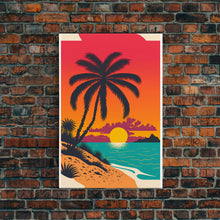 Carregar imagem no visualizador da galeria, Framed Canvas Print - Art Deco Sunset, Beaches, Minimalist Palm trees - Island Vibes - Retro Tropical Art - Pop Art Beach Decor