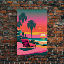 Carregar imagem no visualizador da galeria, Framed Canvas Print – Art Deco Sunset Beach, Minimalist, Retro, Palm Trees, Synthwave, Vaporwave, Island Vibes, Lounging, Synthwave Deco