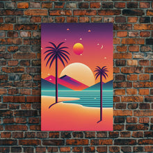Carregar imagem no visualizador da galeria, Framed Canvas Print | Art Deco Sunset | Retro Style | Palm Trees | Island Vibes | Desert Pyramids and Palm Trees | Desert Art