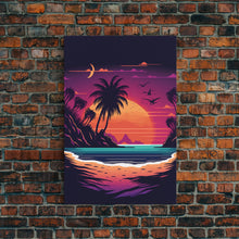 Carregar imagem no visualizador da galeria, Framed Canvas Print - Pop Art Style Beach at Sunset with Palm Trees - Retro Style - Living Room / Office / Bedroom Wall Art