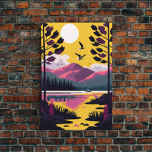 Load image into Gallery viewer, Colorful Pop Art Picture of a Mountain and Forest Landscape, Framed Canvas Print, Surrealist High Contrast Cel Shaded Landscape Art