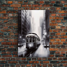 Carregar imagem no visualizador da galeria, Brooklyn Street Car Trolley, Framed Canvas Print, Retro Charcoal Drawing of NYC in The Rain