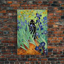 Load image into Gallery viewer, Funny Cat Print, Vincent Van Gogh Inspired Irises Black Cat Wall Art, Framed Canvas Print, Poster Art, Funny Gift, Home Decor Wall Art
