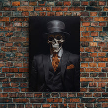 Load image into Gallery viewer, Spooky Skeleton Business Man, Halloween Art, Framed Canvas Print, Halloween Canvas, Skeleton Painting, Victorian Gothic Decor