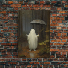 Load image into Gallery viewer, Goofy Ghost In The Rain, Vintage Halloween Canvas, Framed Canvas Print, Cute Wall Art, Who's Haunting Who?