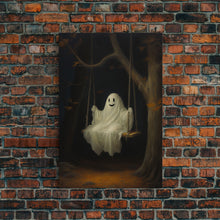 Load image into Gallery viewer, The Happy Playground Ghost, Funny Halloween, Vintage Halloween Canvas, Framed Canvas Print, Cute Wall Art, Ghost On A Swing, Macabre Art