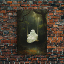 Load image into Gallery viewer, Cute Little Boo Playground Ghost, Funny Halloween, Vintage Halloween Canvas, Framed Canvas Print, Cute Wall Art, Ghost On A Swing, Macabre