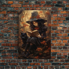 Load image into Gallery viewer, Cute Little Witch Reading Spells To Her Black Cat Familiar, Vintage Halloween Art, Framed Canvas Print, Halloween Canvas Art, Witchcraft