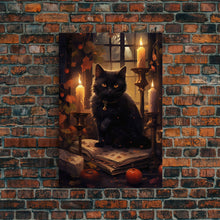 Load image into Gallery viewer, Black Cat Art, Framed Canvas Print, Halloween Canvas Print, Goth Art, Dark Academia, Fall Decor, Witchy Vibes