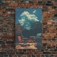 Load image into Gallery viewer, Back Yard Chillin', Summer Vibes, Framed Canvas Print, Retro Midcentury Modern BBQ Art, BBQ During An Eclipse, Liminal Art, Minimalist MCM