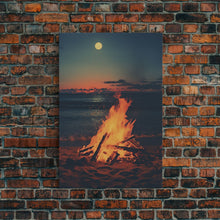 Load image into Gallery viewer, Beach Campfire Under A Full Moon, Photography Print, Framed Canvas Print, Beach House Decor, Coastal Decor, Beach Print, Beach Art