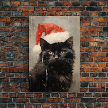 Cargar imagen en el visor de la galería, Christmas Cat In A Christmas Hat, Farmhouse Christmas, Farmhouse Decor, Framed Canvas Print, Seasonal Wall Art, Winter Decor, Christmas Art