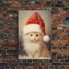Carregar imagem no visualizador da galeria, Cute White Kitten In A Christmas Hat, Farmhouse Christmas, Farmhouse Decor, Framed Canvas Print Seasonal Wall Art Winter Decor Christmas Art