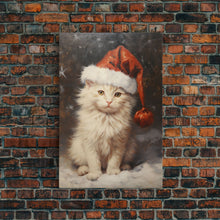 Cargar imagen en el visor de la galería, Christmas Cat In A Christmas Hat, Farmhouse Christmas, Farmhouse Decor, Framed Canvas Print, Seasonal Wall Art, Winter Decor, Christmas Art