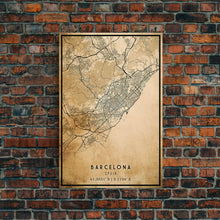 Load image into Gallery viewer, Barcelona Spain map print poster or framed canvas, Barcelona map print poster canvas, Spain city map print poster canvas, Vintage Travel Art