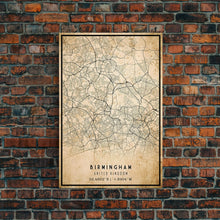 Load image into Gallery viewer, Birmingham UK map print poster or framed canvas, England map print poster canvas, UK city map print poster canvas, Vintage Travel Art