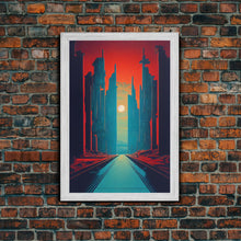 Carregar imagem no visualizador da galeria, Brutalist Art Deco Dystopian City Art, Framed Canvas Print, Ready To Hang Framed Wall Art, Living Room Wall Decor