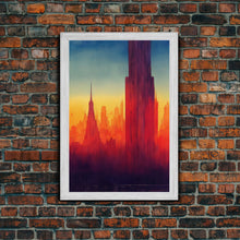 Cargar imagen en el visor de la galería, Chicago at sunset concept art, synthwave style, framed canvas print, ready to hang wall art with frame