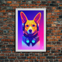 Load image into Gallery viewer, Cyberpunk Corgi Portrait, Futuristic Corgi, Framed Canvas Print, Ready To Hang Framed Wall Art, Living Room Wall Hanging