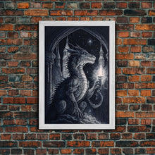 Load image into Gallery viewer, Dragon holding a torch, poster art, black and white dragon