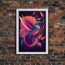 Load image into Gallery viewer, Beautiful Retro-Wave Humming Bird, framed canvas print, Colorful farmhouse wall art