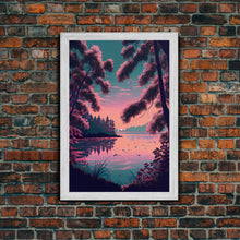 Load image into Gallery viewer, Beautiful Sunset over the lake, My Secret Spot, framed canvas print, Pinkwave retro style landscape art
