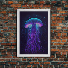 Carregar imagem no visualizador da galeria, Bioluminescent Jellyfish against a Starry night sky, Cosmic Jelly Fish, Framed Canvas Print, synthwave style art
