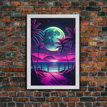 Carregar imagem no visualizador da galeria, Full Moon over a Florida Beach, Palm Trees, Outrun Style Beach Landscape art, framed canvas Print
