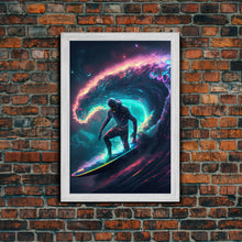 Load image into Gallery viewer, Astronaut surfing the stars, Cosmic Surfer, Galaxy Art, framed canvas print, unique colorful wall art