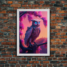 Load image into Gallery viewer, Cyberpunk Robot Owl, framed canvas print, Cybernetic android owl art, vaporwave aesthetic futuristic art