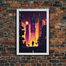 Load image into Gallery viewer, Cyberpunk art, Retrowave style dystopian cityscape art, game room art, framed canvas print, retro wave city skyline