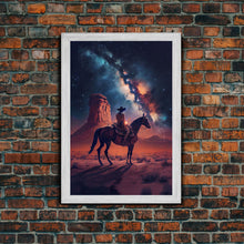 Cargar imagen en el visor de la galería, Cowboy contemplating the stars, framed canvas print, wild west art, western decor